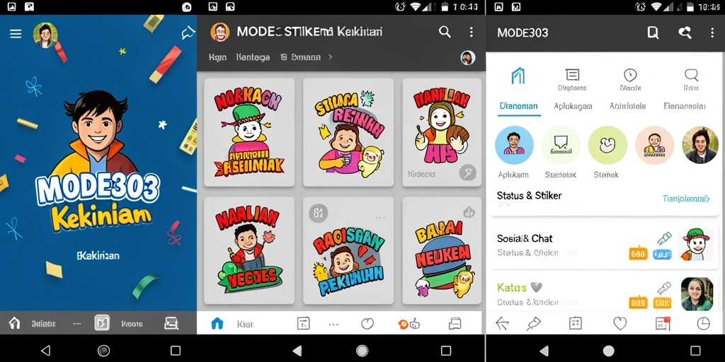 Antarmuka aplikasi MODE303 dengan berbagai stiker menarik.